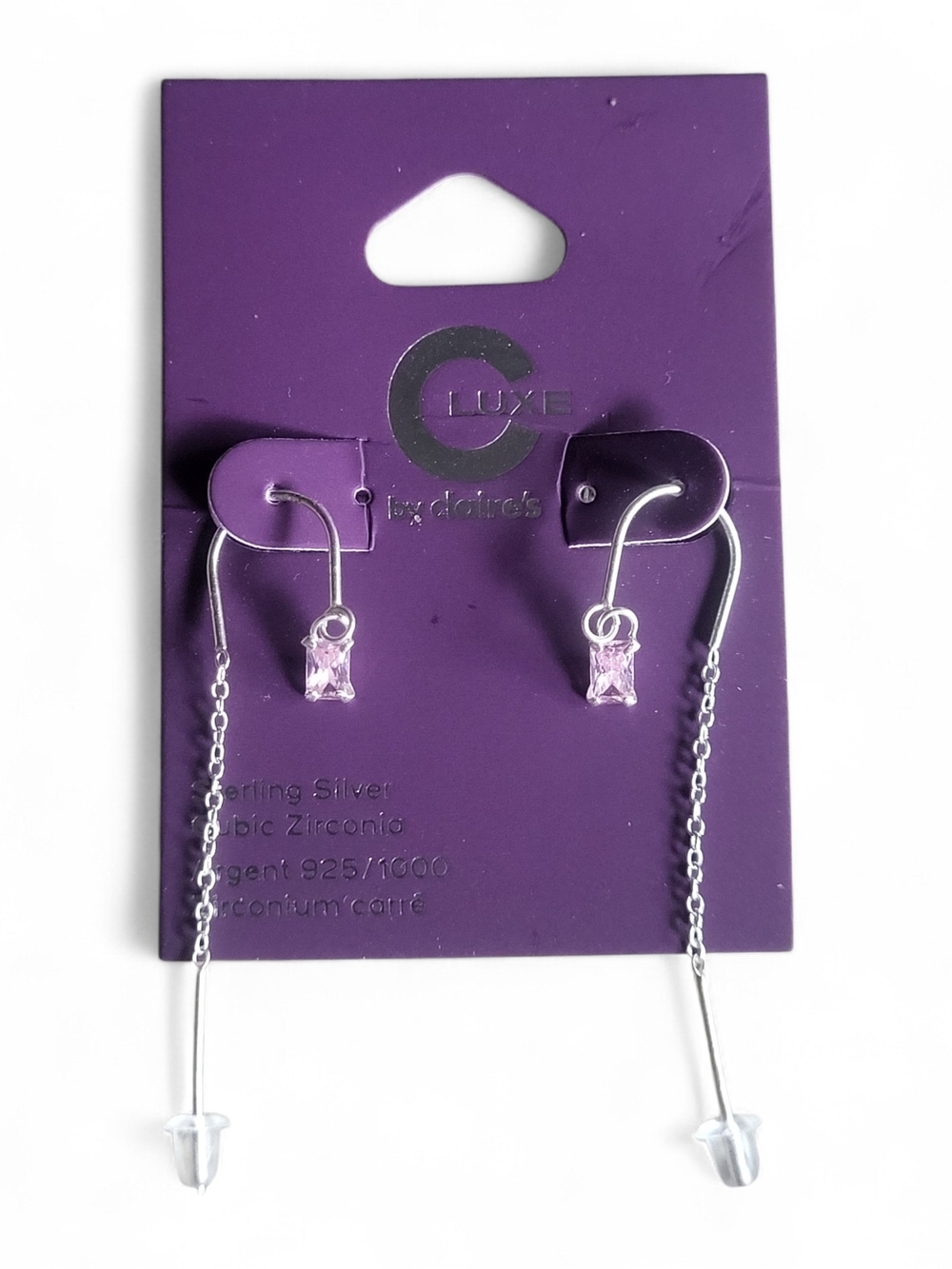 Luxe By Claire's Sterling Silver Pink CZ Drop Threader Earrings